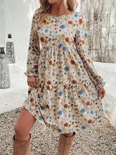 Tiered Floral Round Neck Long Sleeve Dress OutfitFlow